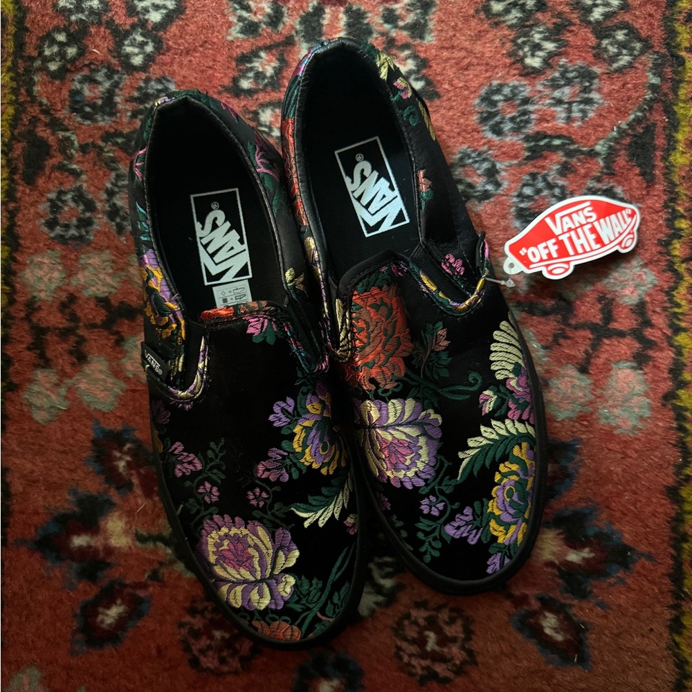Floral Vans Classic Slip-Ons, Festival Satin Black, Size 9 Women (7.5 Men)